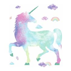 a watercolor unicorn with stars and clouds in the background