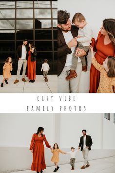 a family holding hands while standing in front of a building with the caption city vibe family photos