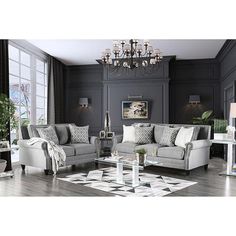 Giovanni SM2673-SF Gray Transitional Sofa By Furniture Of America - sofafair.com Expensive Looking Living Room, Dark Gray Walls, Grey Living Room Sets, Cheap Living Room Sets, Upholstery Sofa, Elegant Living Room Decor, Gray Walls, Classic Living Room, Small Room Design