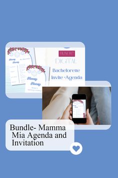 the front and back side of a blue background with text that reads bundle - mamma mia agenda and information