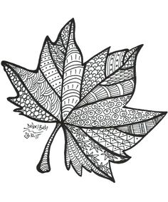 a black and white drawing of a leaf with intricate designs on the leaves is shown