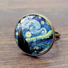 Van Gogh Art Painting Adjustable Ring Romantic Glass Cabochon Rings Resizable Round Handmade Jewelry For Women Artsy Unique Great Gift Van Gogh Rings, Van Gogh Starry Night Ring, White Gold Opal Ring, Pearl Wedding Bands, Van Gogh Painting, Flower Diamond Ring, Swiss Blue Topaz Ring, Costume Rings, Moonstone Ring Sterling Silver