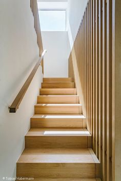 wooden stairs leading up to a skylight window