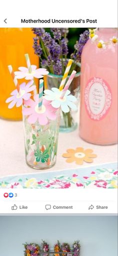 two photos with flowers and paper straws in vases on the table next to each other