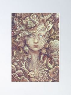 a woman's face surrounded by shells and seashells poster