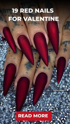 19 Red Nails for Valentine Red Satin Nails, Red And Black Matte Nails Design, Red Chrome And Matte Nails, Matte Red Nails With Shiny Tips, Matte Black And Red Nails, Matte Red Christmas Nails, Matt Red Nails, Dark Red Matte Nails