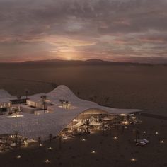 an artist's rendering of a futuristic building in the middle of desert at dusk