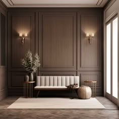 an elegant living room with wood paneling and white furniture, along with two side tables