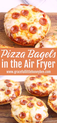 pizza bagels in the air fryer on a cutting board with text overlay