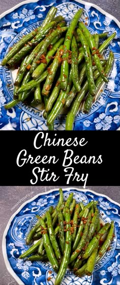 chinese green beans sit on a blue and white plate