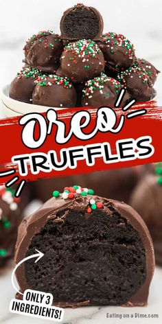 chocolate truffles stacked on top of each other with the words oreo truffles above them