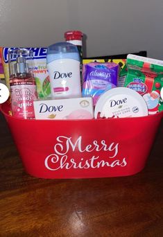 a red basket filled with personal care items