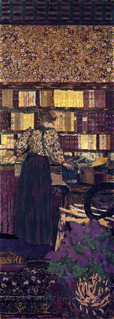 a painting of a woman sitting at a table in front of a book shelf filled with books