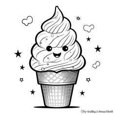 an ice cream sundae with stars and clouds on it's face, in black and white