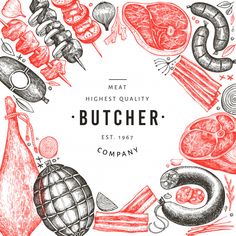 a bunch of different types of meat on a white background with the words butcher written in red