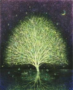 a painting of a tree in the middle of water with moon and stars above it