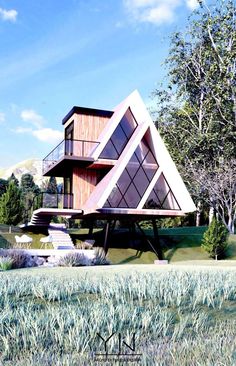 an artistic rendering of a modern house in the middle of a field with trees and grass