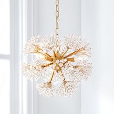 a chandelier hanging from a ceiling in a room with white walls and windows