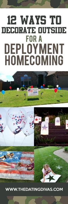 an image of some decorations in the yard with text overlay that reads, 12 ways to decorate outside for a deployment homecombing