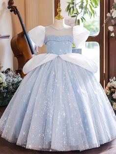 A-Line Puff Sleeves Tulle Lace Blue Long Flower Girl Dress Silver Homecoming Dresses, Vintage Simple Wedding Dress, Long Flower Girl Dresses, Princess Flower Girl Dresses, Cinderella Wedding, Blue Tulle, Vintage Gowns, Wedding Dress Shopping, Tulle Lace