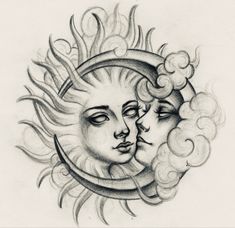 a drawing of two faces in the shape of a sun and moon with clouds around them