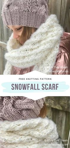 a girl wearing a knitted hat and scarf with text overlay that says, free knitting pattern snowball scarf