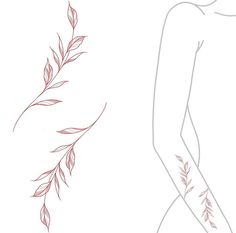 a line drawing of a woman's body with leaves on the arm and leg