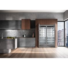 a modern kitchen with wooden floors and stainless steel appliances in front of an open window