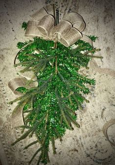 a bunch of green plants with bows tied to them on the ground in front of a wall