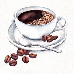 a drawing of a cup of coffee and some nuts