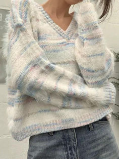 Colorful Striped V Neck Short Knit Sweater - AnotherChill Preppy Fabric, Emma Style, Striped Knitted Sweater, Spring Refresh, Patchwork Cardigan, Y2k Baby Tee, 90s Grunge, Sweater Brands, Blue Sweaters