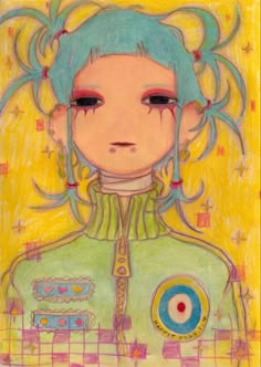 a drawing of a woman with blue hair and green eyes, wearing a green jacket