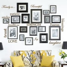 black and white photo frames on the wall with family photos hanging above them in various sizes