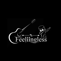 a black and white logo with the words feelingless on it, featuring a man holding a guitar