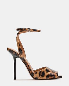 LILAC Leopard Patent Square-Toe Strappy Heel | Women's Heels Lilac Heels, Elegant Heels, Women's Heels, 5 Inch Heels, Elevate Your Look, Toe Designs, Strappy Heels, Womens Heels, Ankle Strap