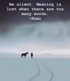 a person standing next to a horse on top of a snow covered field with the words, be silent meaning is lost when there are too many words rumi