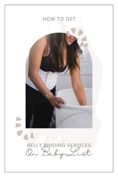 a woman standing in front of a white chair with the words how to get belly binding services on it