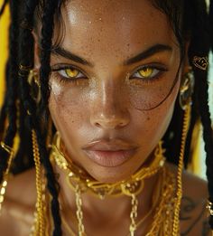 a close up of a woman with yellow eyes and gold chains around her neck,