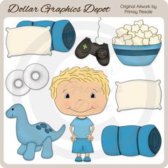 the paper doll is next to some items that include a blue dinosaur, a bowl of popcorn