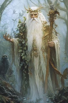 a painting of an old man with long white hair and beard holding a staff in the woods