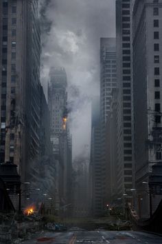 a city street with tall buildings on both sides and dark clouds in the sky above