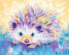 a painting of a colorful hedgehog on a yellow and blue background