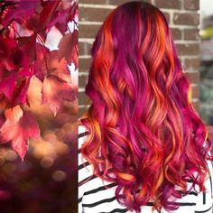 Disney Inspired Hair Color, Unique Hair Ideas Color, Bright Fall Hair Color Ideas, Purple And Peach Hair, Vivid Fall Hair Color Ideas, Vivid Peekaboo Hair, Burgundy And Orange Hair, Fun Red Hair, Pumpkin Hair Color