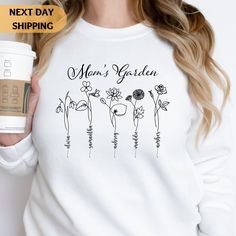 "Custom Birth Flower Mom Sweatshirt With Kids Names, Birthday Month Personalized Mom Sweater, Mother's Day Shirt, Custom Names, Gift For Mom The design is complately customizable, You can change \"Mom's Garden\" to anything you want! Please add the names in the personalization box with the color you want to print. You can add more kids names. I can send you sample design image to chose the best color or style. Please don't hesitate to contact me. Runs a bit bigger to size Ideal for any situation Sweaters 2022, Design Shirts, Birthday Flower, Mom Sweater, Gardening Shirts, Kids Names, Cricut Designs, Post Surgery, Design Image