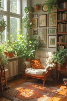 a living room filled with lots of plants next to a window and bookshelf