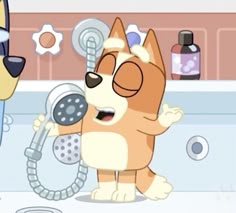 two cartoon characters are talking to each other in front of a bathtub full of soaps