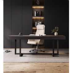 an office desk with a chair and bookshelf in the background