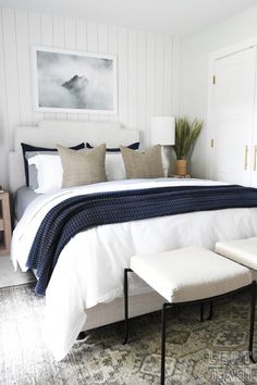 a bedroom with white walls and blue accents