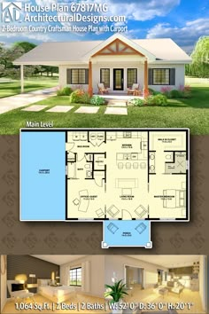 two story house plan with 3 bedroom and 2 bathrooms in the front, an open floor plan