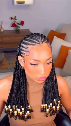 Braids And Box Braids Hairstyles, African Braids With Beads, Braided Front Box Braids In The Back, Braids For Black Women Fulani, Cornrow And Single Braids Hairstyles, New Hairstyles 2024, Fulani Braids Shoulder Length, Braids And Cornrows Hairstyles, Styles For Fulani Braids